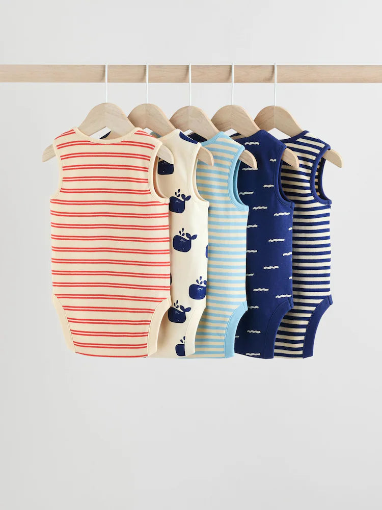 Blue/Red Stripe Nautical Baby Vest Bodysuits 5 Pack