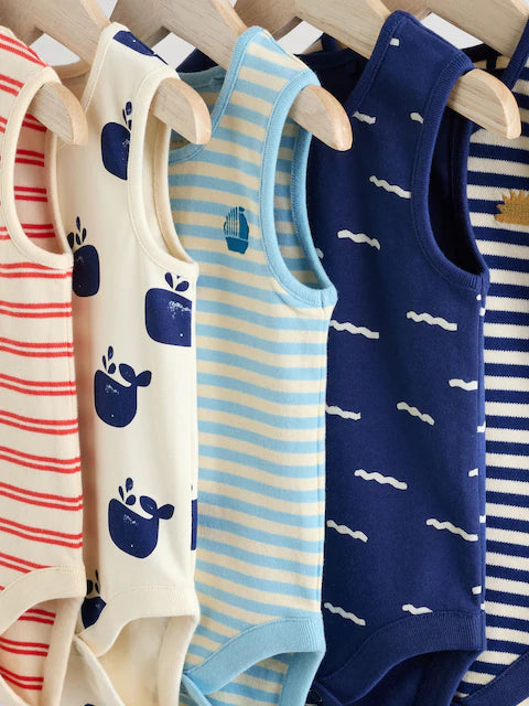 Blue/Red Stripe Nautical Baby Vest Bodysuits 5 Pack