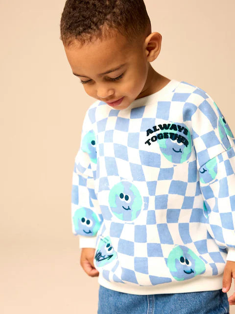 Blue on White All-Over Print Crew Neck Sweatshirt