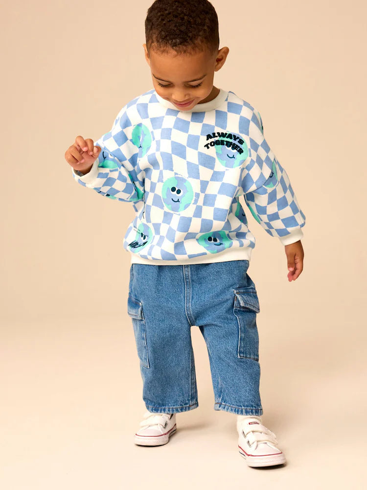 Blue on White All-Over Print Crew Neck Sweatshirt