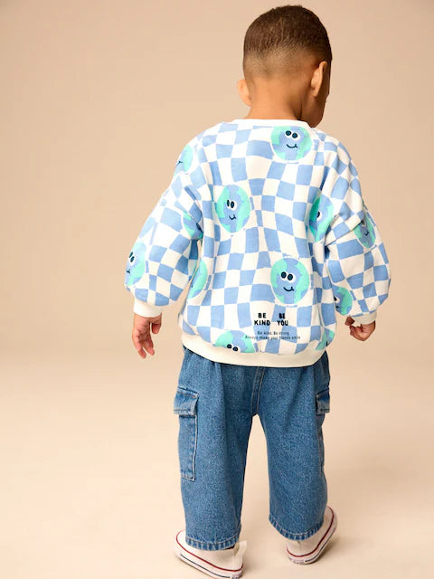 Blue on White All-Over Print Crew Neck Sweatshirt