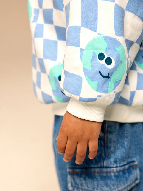 Blue on White All-Over Print Crew Neck Sweatshirt