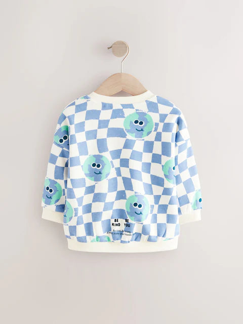 Blue on White All-Over Print Crew Neck Sweatshirt