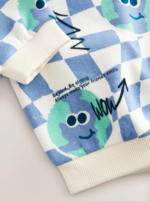 Blue on White All-Over Print Crew Neck Sweatshirt