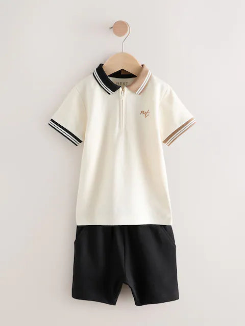 Tan Brown Short Sleeve Zip Neck Polo Shirt And Shorts Set