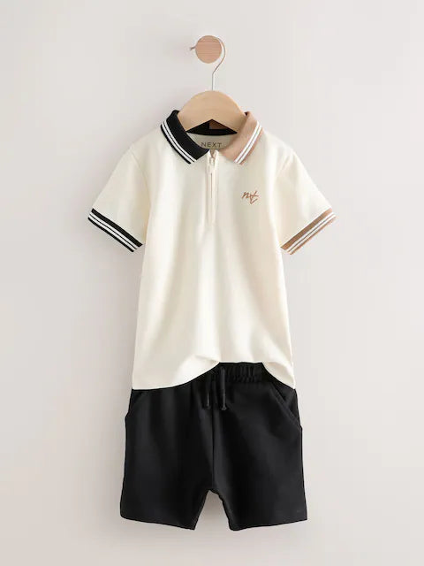 Tan Brown Short Sleeve Zip Neck Polo Shirt And Shorts Set