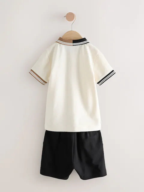 Tan Brown Short Sleeve Zip Neck Polo Shirt And Shorts Set