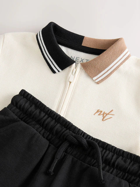 Tan Brown Short Sleeve Zip Neck Polo Shirt And Shorts Set