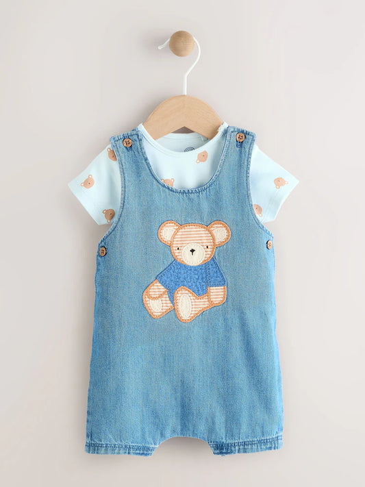 Blue Bear Baby Woven Dungaree and Bodysuit Set