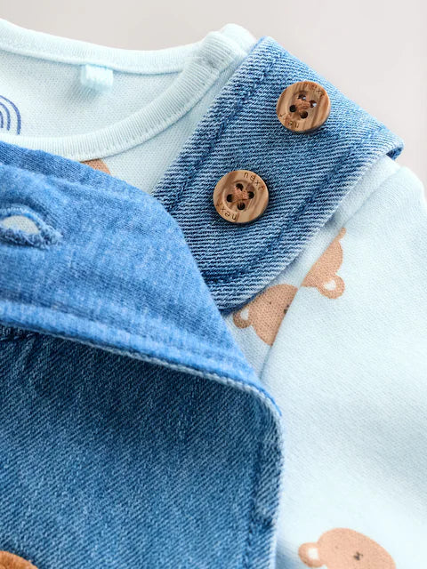 Blue Bear Baby Woven Dungaree and Bodysuit Set