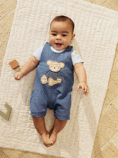 Blue Bear Baby Woven Dungaree and Bodysuit Set