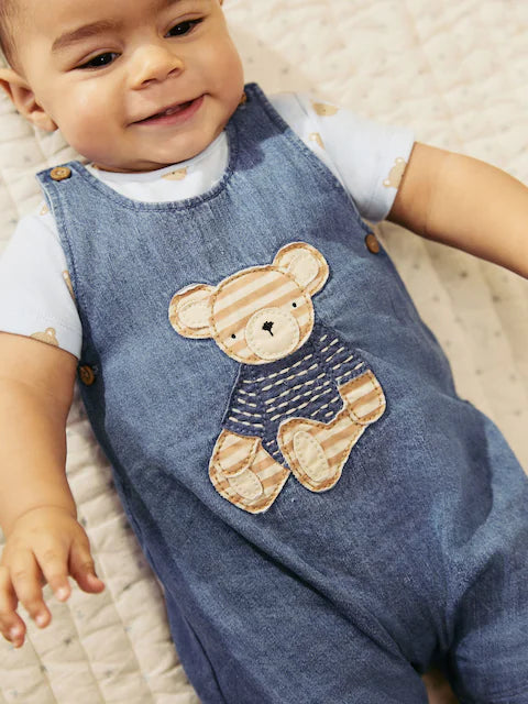 Blue Bear Baby Woven Dungaree and Bodysuit Set