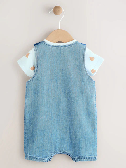 Blue Bear Baby Woven Dungaree and Bodysuit Set