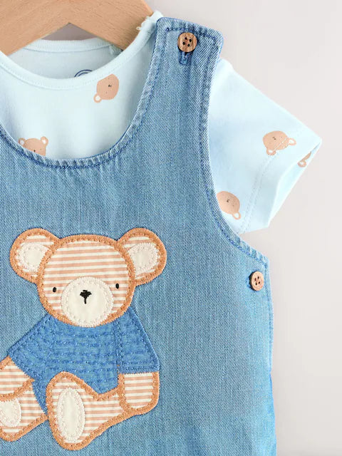 Blue Bear Baby Woven Dungaree and Bodysuit Set