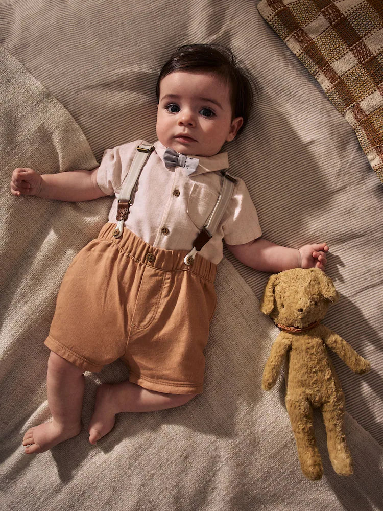 Apricot Orange Shirt Body, Shorts and Braces Baby 4 Piece Set