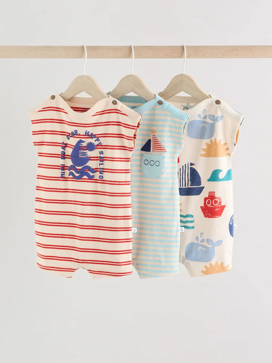 Blue/White 100% Cotton Rompers 3 Pack