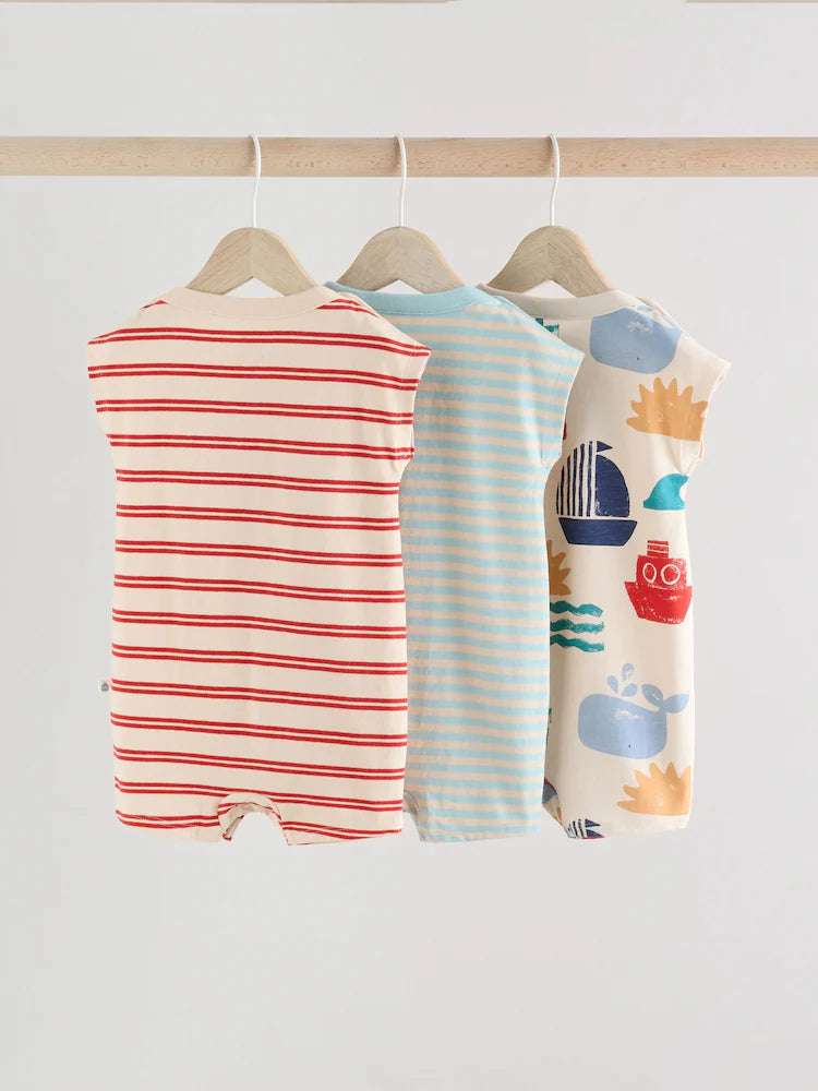 Blue/White 100% Cotton Rompers 3 Pack
