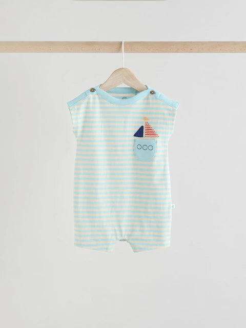 Blue/White 100% Cotton Rompers 3 Pack