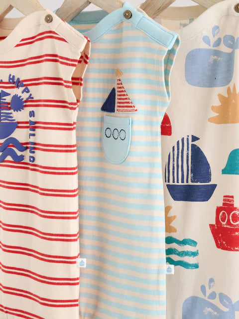 Blue/White 100% Cotton Rompers 3 Pack