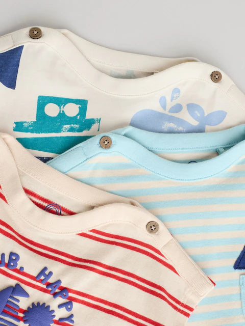 Blue/White 100% Cotton Rompers 3 Pack