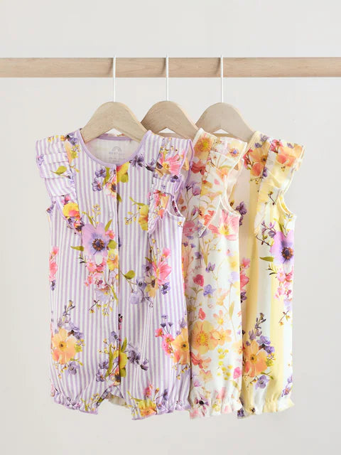 Multi Bright Floral Print Baby 100% Cotton Rompers 3 Pack
