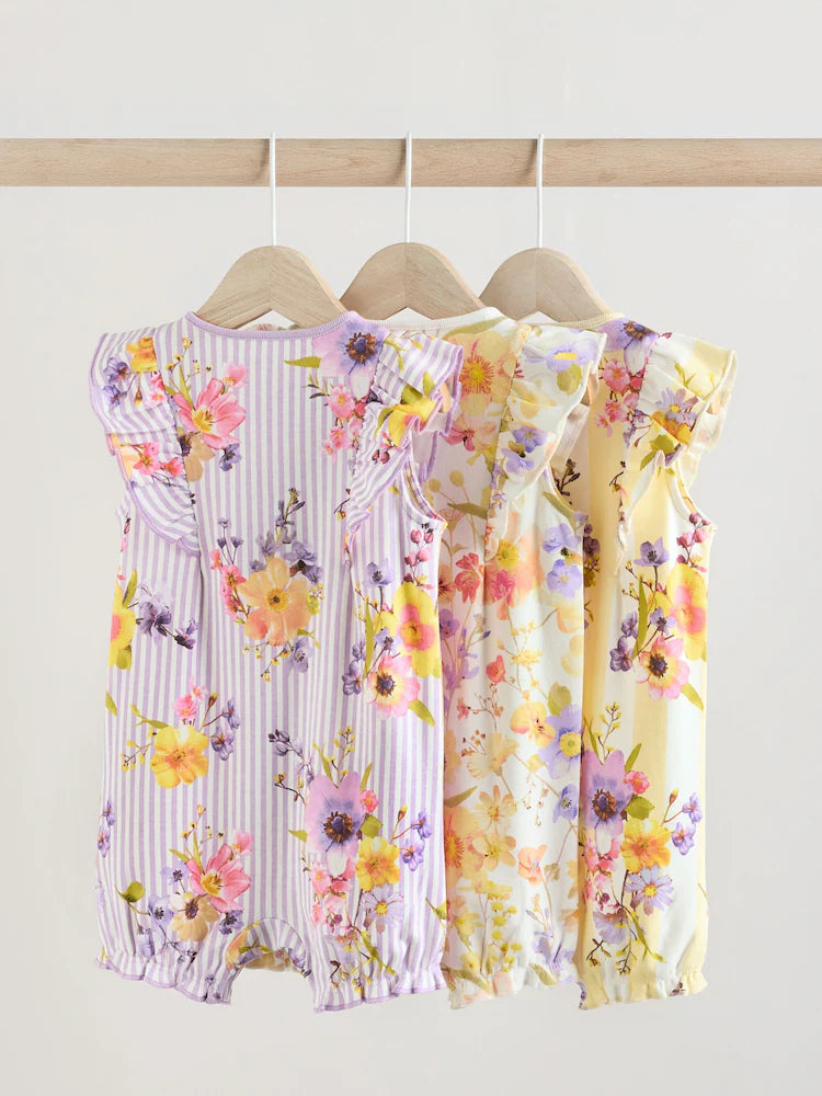 Multi Bright Floral Print Baby 100% Cotton Rompers 3 Pack