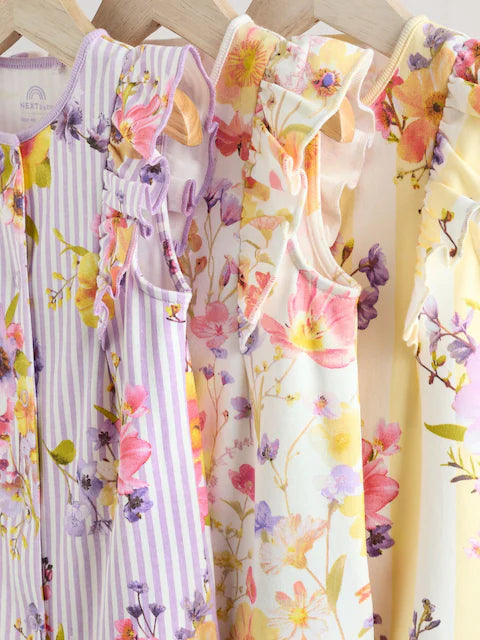 Multi Bright Floral Print Baby 100% Cotton Rompers 3 Pack
