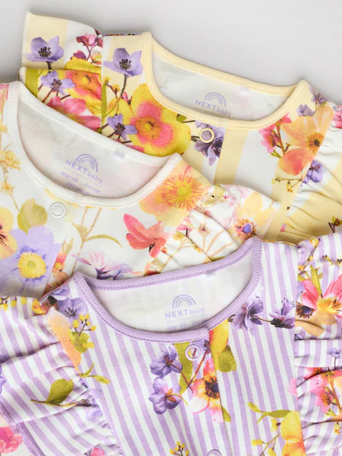 Multi Bright Floral Print Baby 100% Cotton Rompers 3 Pack