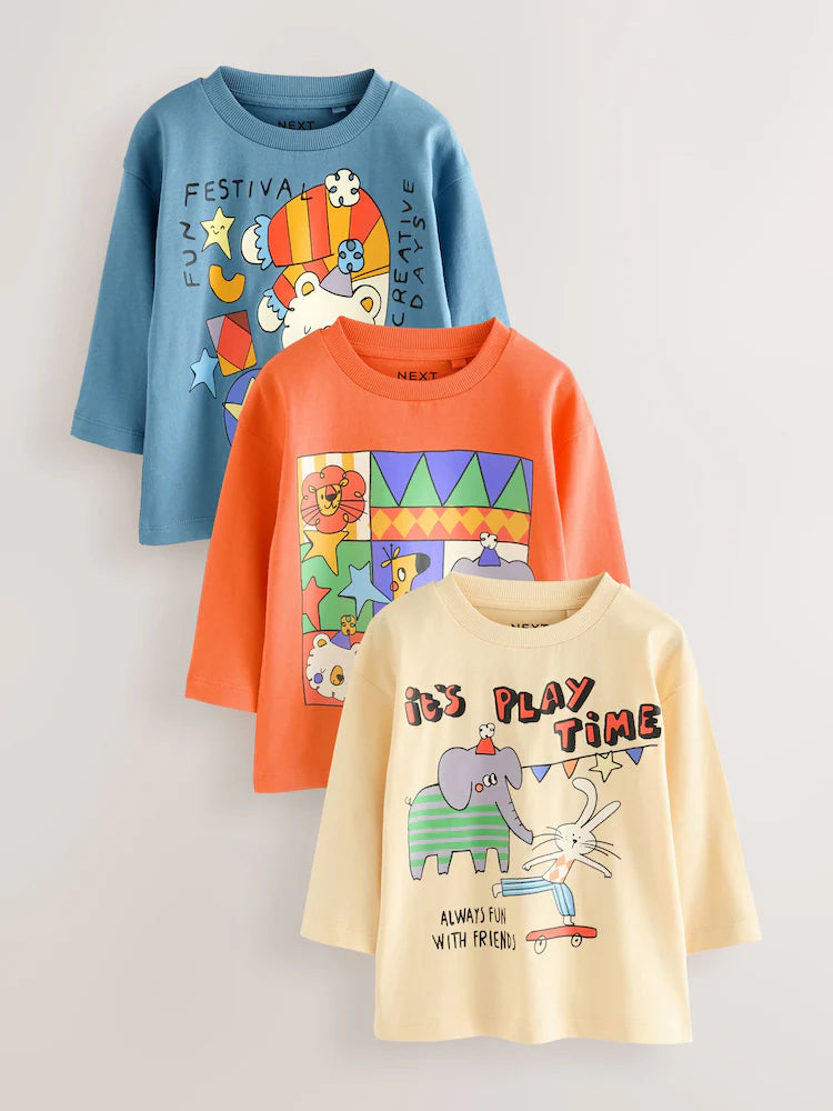Blue/Orange/Yellow Long Sleeve T-Shirts 3 Pack