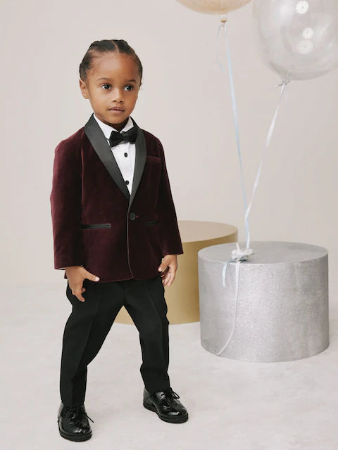 Burgundy Red Velvet Blazer Shirt Trousers and Bow Tie Set