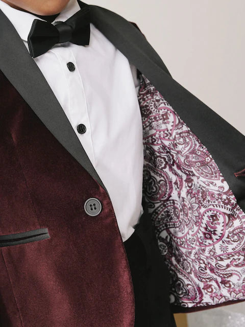 Burgundy Red Velvet Blazer Shirt Trousers and Bow Tie Set