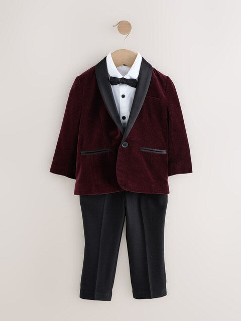 Burgundy Red Velvet Blazer Shirt Trousers and Bow Tie Set