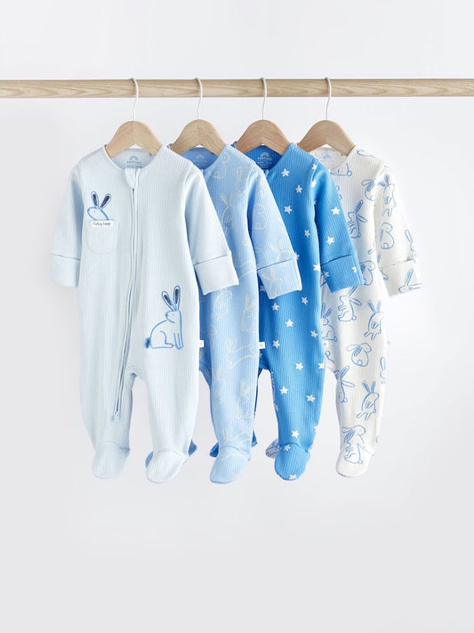 Blue bunny zipped Sleepsuit 4  Pack