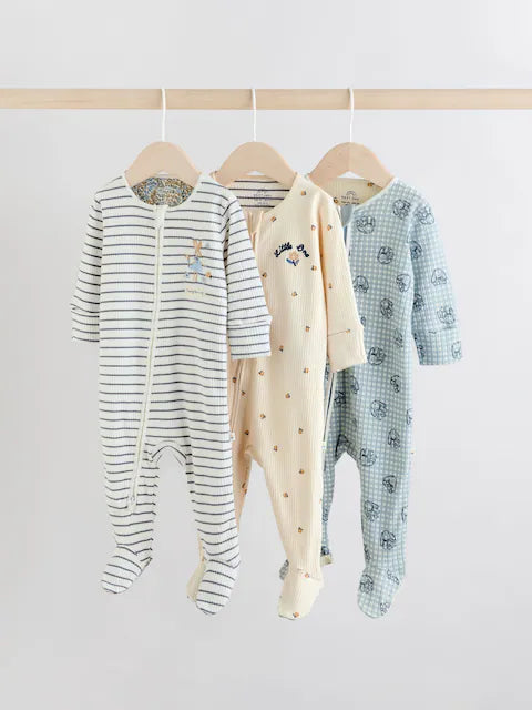 Blue 3 Pack Two Way Zip Baby Sleepsuits