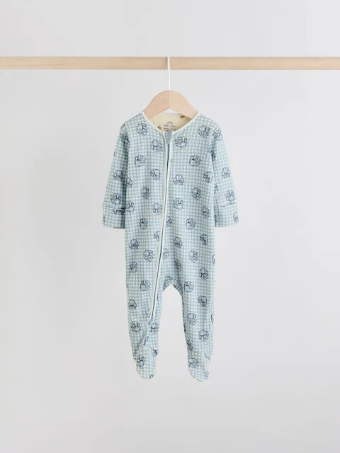 Blue 3 Pack Two Way Zip Baby Sleepsuits