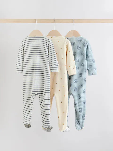 Blue 3 Pack Two Way Zip Baby Sleepsuits