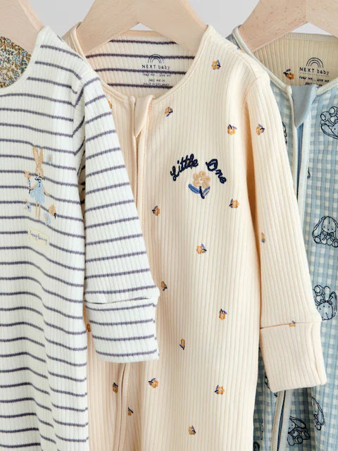 Blue 3 Pack Two Way Zip Baby Sleepsuits