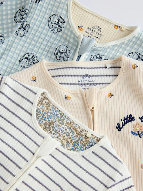 Blue 3 Pack Two Way Zip Baby Sleepsuits