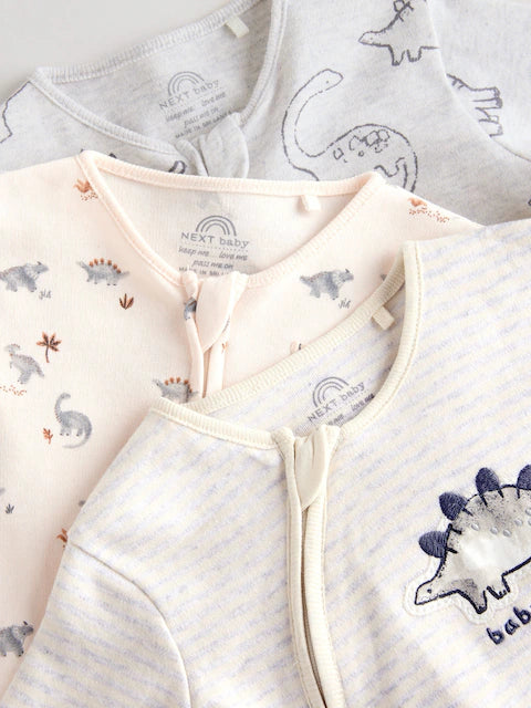 Grey Baby Embroidered Sleepsuits 3 Pack