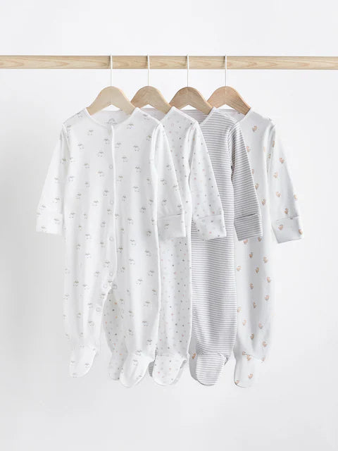 White 4 Pack Animal Printed Sleepsuits