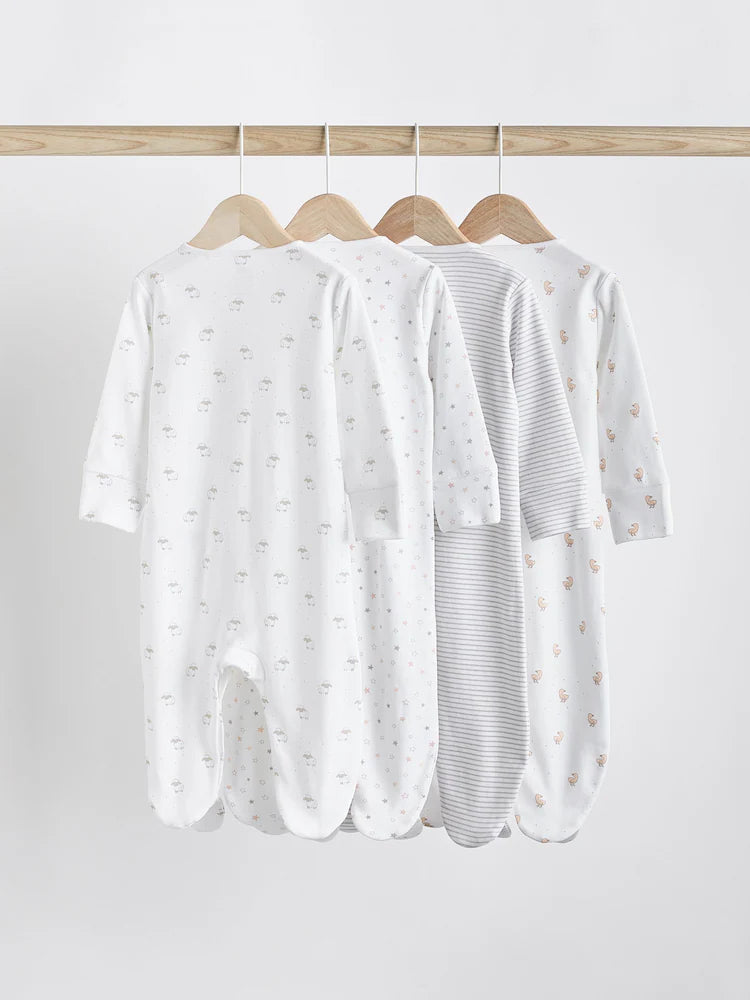 White 4 Pack Animal Printed Sleepsuits