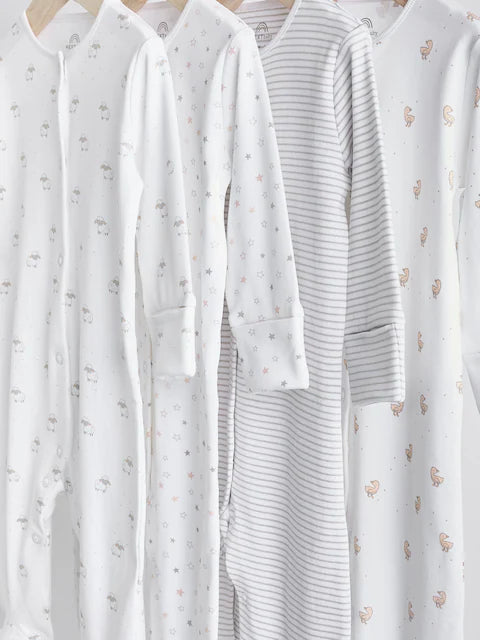 White 4 Pack Animal Printed Sleepsuits