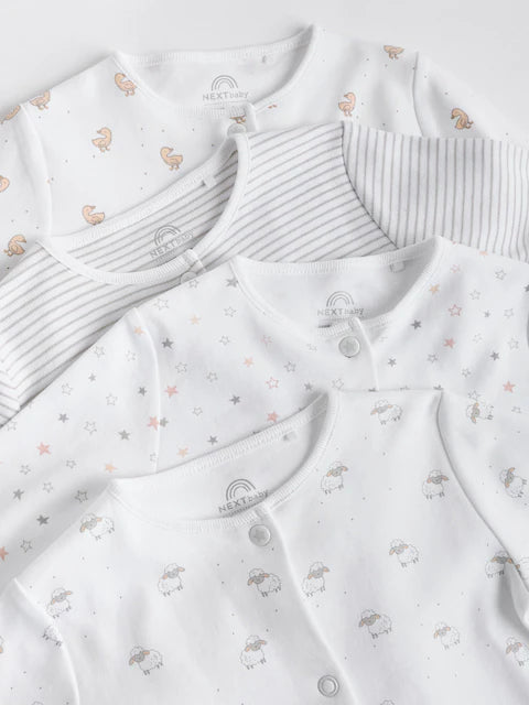 White 4 Pack Animal Printed Sleepsuits