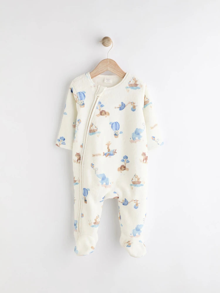White Printed Baby Zip Fleece Sleepsuit