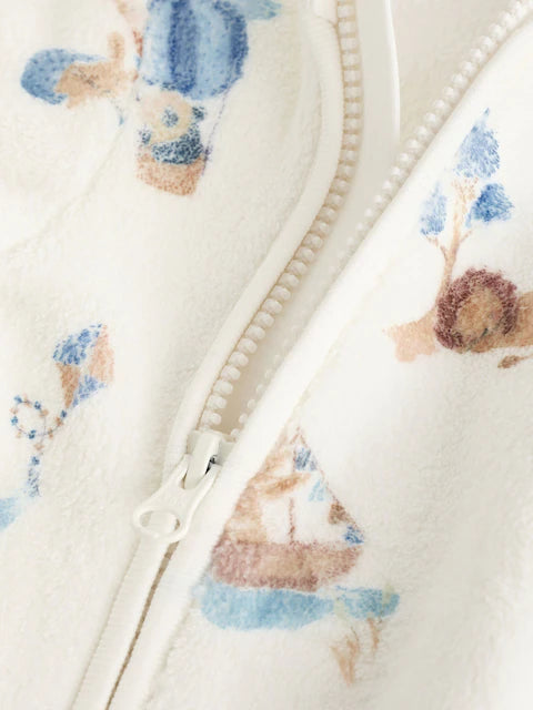 White Printed Baby Zip Fleece Sleepsuit