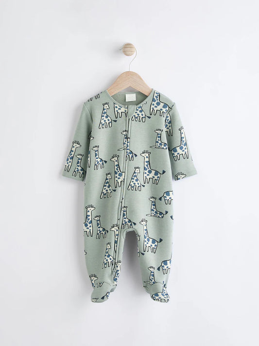 Green Giraffe Two Way Zip Fleece Lined Baby Sleepsuit