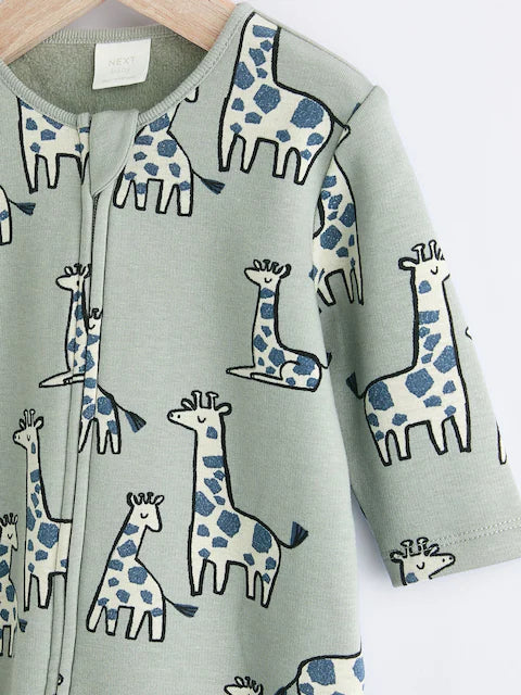 Green Giraffe Two Way Zip Fleece Lined Baby Sleepsuit