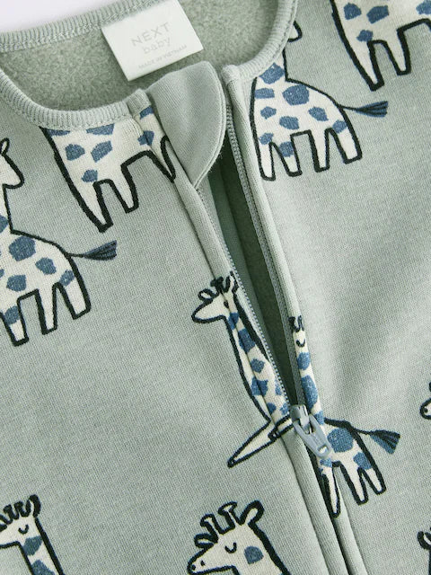 Green Giraffe Two Way Zip Fleece Lined Baby Sleepsuit