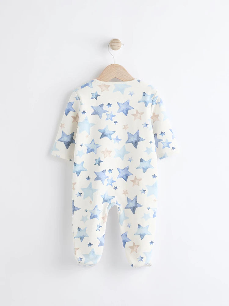 Blue/Cream Star Two Way Zip Fleece Lined Baby Sleepsuit