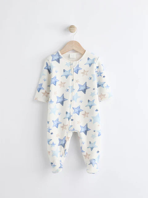 Blue/Cream Star Two Way Zip Fleece Lined Baby Sleepsuit